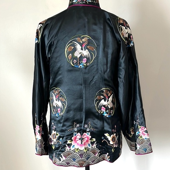 Vintage 1960s Chinese 100% Silk Black Embroidered Jacket Mandarin Collar Medium - Picture 4 of 16